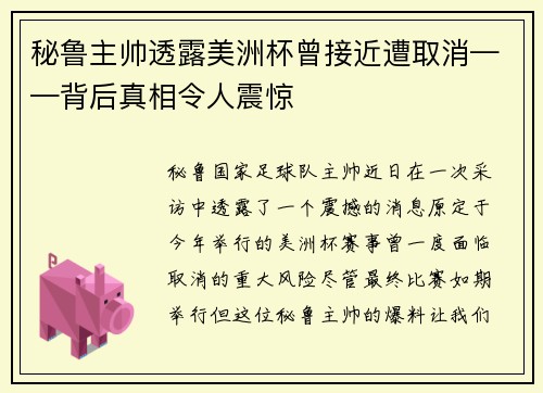 秘鲁主帅透露美洲杯曾接近遭取消——背后真相令人震惊
