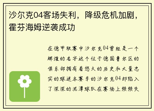沙尔克04客场失利，降级危机加剧，霍芬海姆逆袭成功