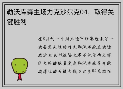 勒沃库森主场力克沙尔克04，取得关键胜利