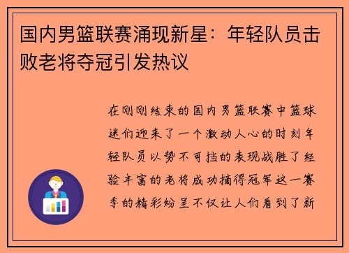 国内男篮联赛涌现新星：年轻队员击败老将夺冠引发热议