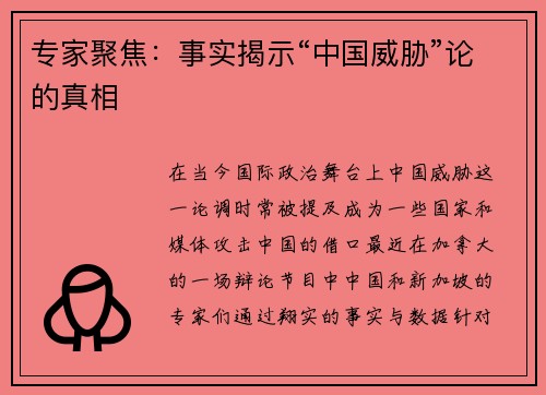 专家聚焦：事实揭示“中国威胁”论的真相