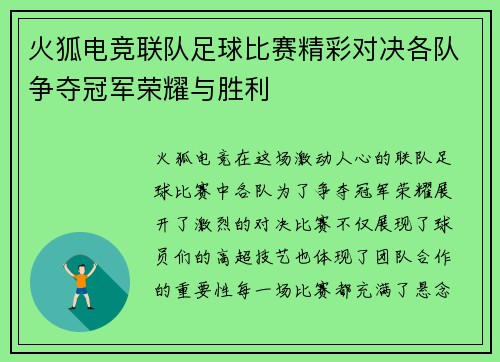 火狐电竞联队足球比赛精彩对决各队争夺冠军荣耀与胜利