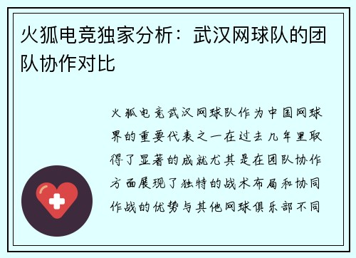 火狐电竞独家分析：武汉网球队的团队协作对比