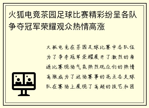 火狐电竞茶园足球比赛精彩纷呈各队争夺冠军荣耀观众热情高涨