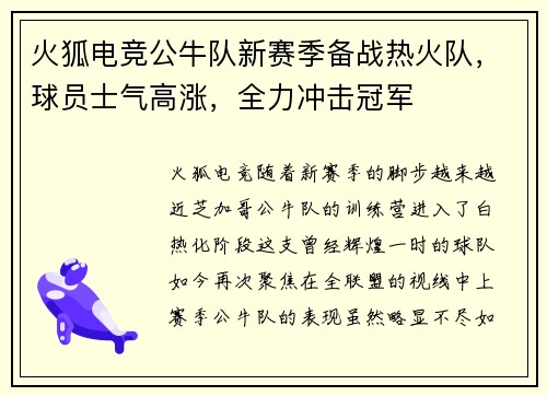 火狐电竞公牛队新赛季备战热火队，球员士气高涨，全力冲击冠军